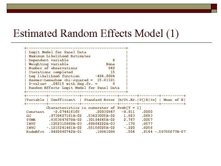Estimated Random Effects Model (1) +-----------------------+ | Logit Model for Panel Data | |