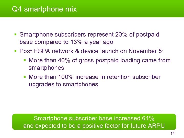 Q 4 smartphone mix § Smartphone subscribers represent 20% of postpaid base compared to