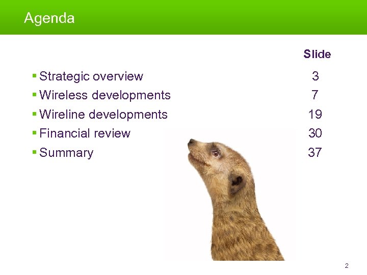 Agenda Slide § Strategic overview § Wireless developments § Wireline developments § Financial review