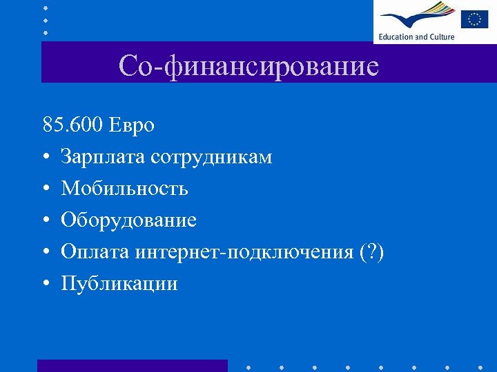 Со-финансирование 85. 600 Евро • Зарплата сотрудникам • Мобильность • Оборудование • Оплата интернет-подключения