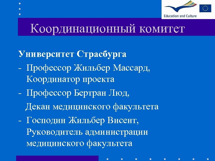 Координационный комитет Университет Страсбурга - Профессор Жильбер Массард, Координатор проекта - Профессор Бертран Люд,