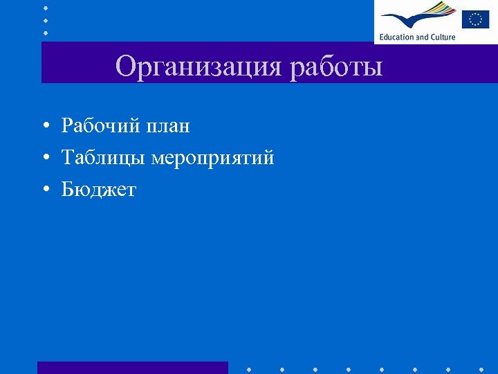 Организация работы • Рабочий план • Таблицы мероприятий • Бюджет 