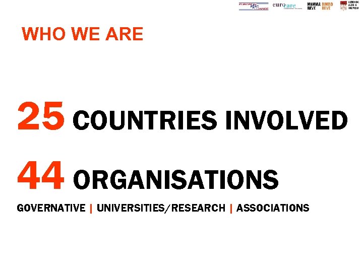 WHO WE ARE 25 COUNTRIES INVOLVED 44 ORGANISATIONS GOVERNATIVE | UNIVERSITIES/RESEARCH | ASSOCIATIONS 