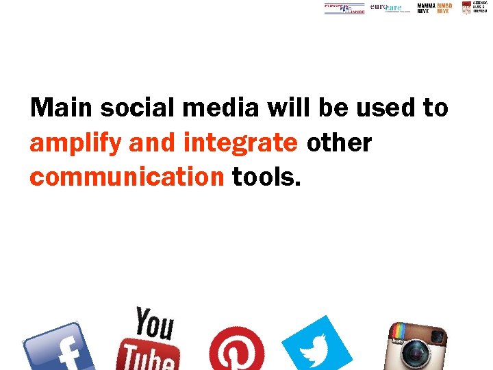 Main social media will be used to amplify and integrate other communication tools. 
