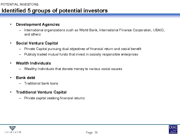 POTENTIAL INVESTORS Identified 5 groups of potential investors • Development Agencies – International organizations