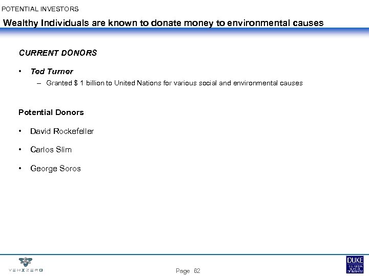 POTENTIAL INVESTORS Wealthy Individuals are known to donate money to environmental causes CURRENT DONORS