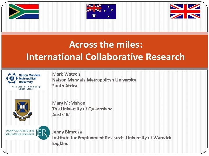 Across the miles: International Collaborative Research Mark Watson Nelson Mandela Metropolitan University South Africa