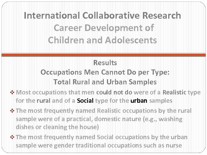 International Collaborative Research Career Development of Children and Adolescents Results Occupations Men Cannot Do