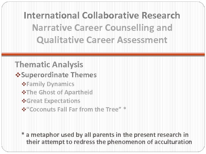International Collaborative Research Narrative Career Counselling and Qualitative Career Assessment Thematic Analysis v. Superordinate