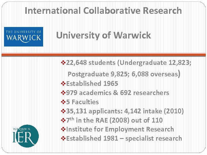 International Collaborative Research University of Warwick v 22, 648 students (Undergraduate 12, 823; Postgraduate
