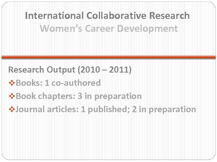 International Collaborative Research Women’s Career Development Research Output (2010 – 2011) v. Books: 1