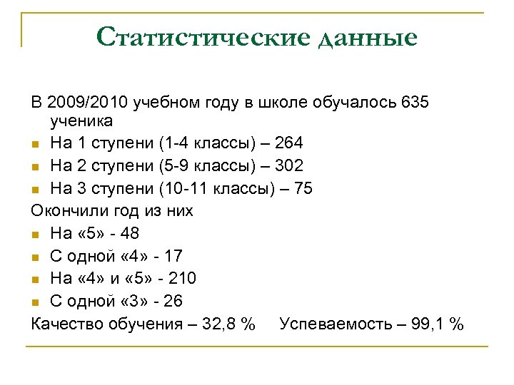 Статистические данные В 2009/2010 учебном году в школе обучалось 635 ученика n На 1