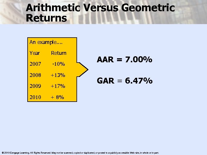 Arithmetic Versus Geometric Returns An example. . Year Return 2007 -10% 2008 +13% 2009