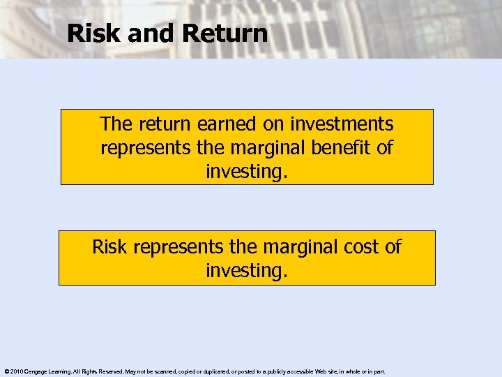 Risk and Return The return earned on investments represents the marginal benefit of investing.