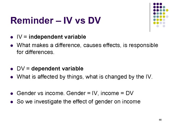 Reminder – IV vs DV l l l IV = independent variable What makes