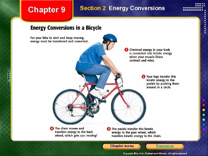 Chapter 9 Section 2 Energy Conversions Chapter menu Resources Copyright © by Holt, Rinehart