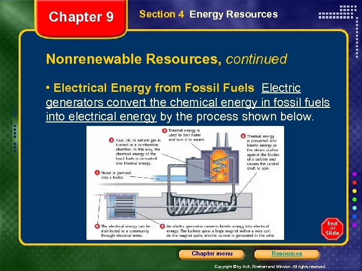 Chapter 9 Section 4 Energy Resources Nonrenewable Resources, continued • Electrical Energy from Fossil