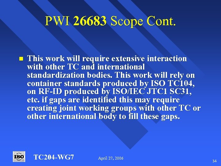 PWI 26683 Scope Cont. n This work will require extensive interaction with other TC