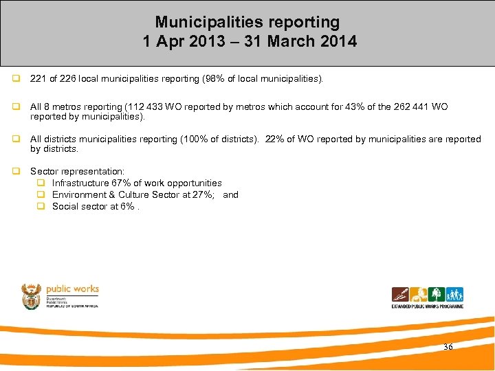 Municipalities reporting 1 Apr 2013 – 31 March 2014 q 221 of 226 local