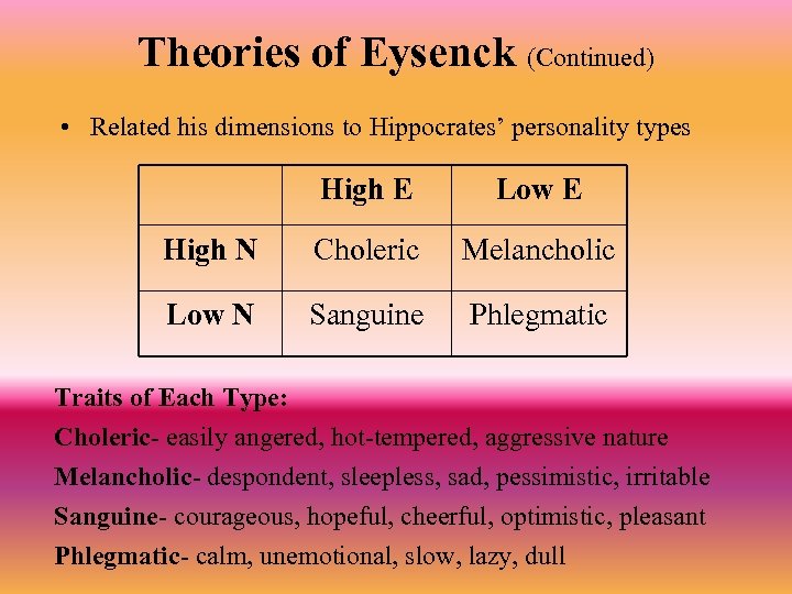 Theories of Eysenck (Continued) • Related his dimensions to Hippocrates’ personality types High E