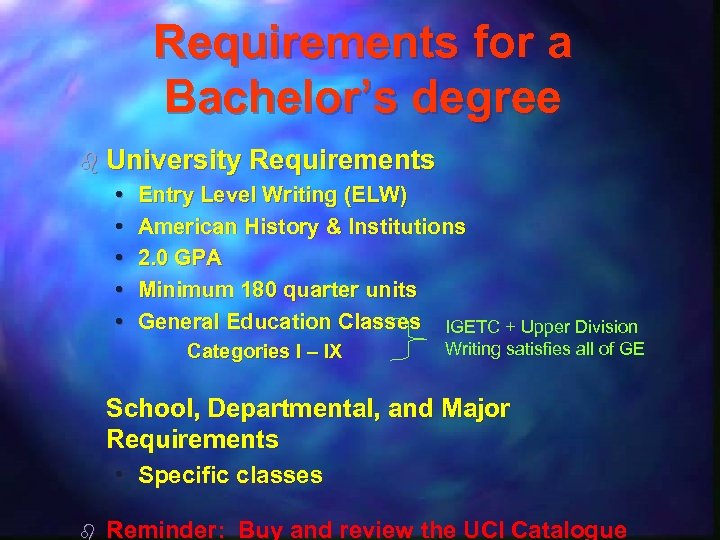 Requirements for a Bachelor’s degree b University Requirements • Entry Level Writing (ELW) •