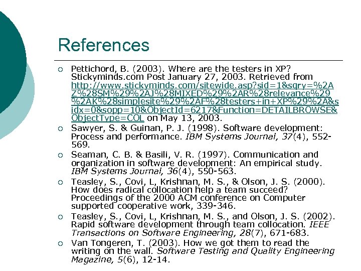 References ¡ ¡ ¡ Pettichord, B. (2003). Where are the testers in XP? Stickyminds.