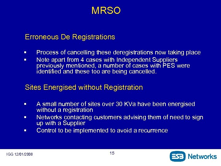 MRSO Erroneous De Registrations § § Process of cancelling these deregistrations now taking place