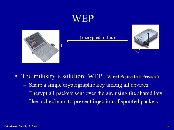 WEP (encrypted traffic) • The industry’s solution: WEP (Wired Equivalent Privacy) – Share a