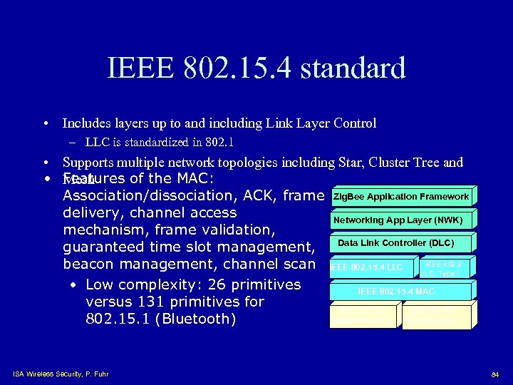 IEEE 802. 15. 4 standard • Includes layers up to and including Link Layer