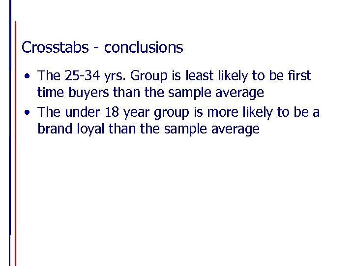 Crosstabs - conclusions • The 25 -34 yrs. Group is least likely to be