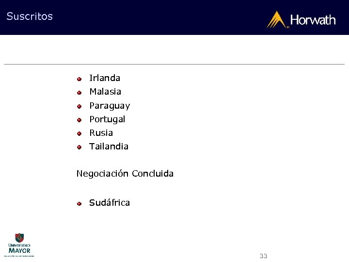 Suscritos Irlanda Malasia Paraguay Portugal Rusia Tailandia Negociación Concluida Sudáfrica 33 