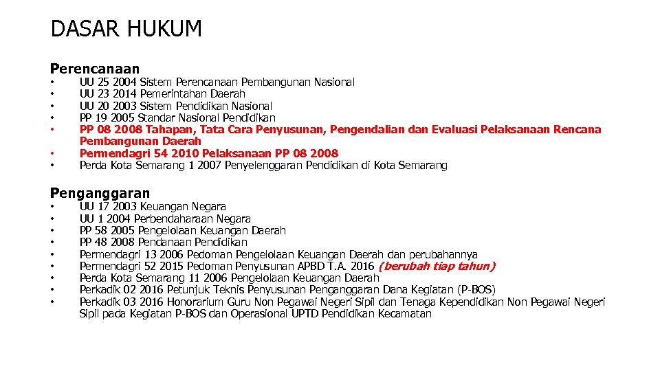 DASAR HUKUM Perencanaan • • UU 25 2004 Sistem Perencanaan Pembangunan Nasional UU 23