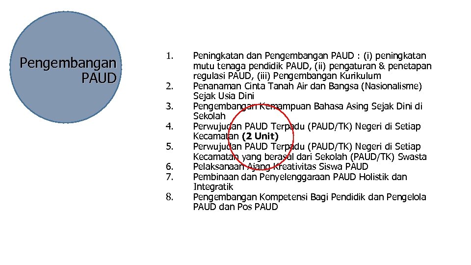 Pengembangan PAUD 1. 2. 3. 4. 5. 6. 7. 8. Peningkatan dan Pengembangan PAUD