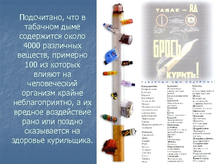 Подсчитано, что в табачном дыме содержится около 4000 различных веществ, примерно 100 из которых