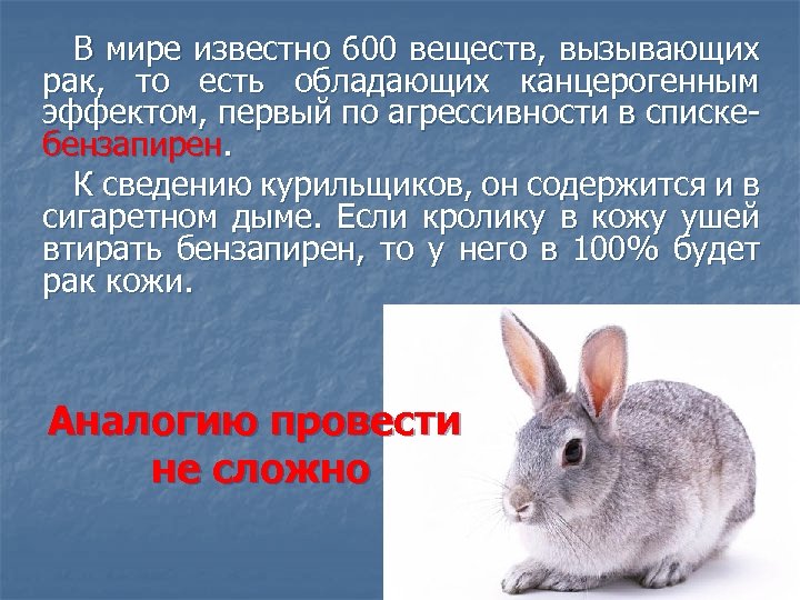 В мире известно 600 веществ, вызывающих рак, то есть обладающих канцерогенным эффектом, первый по