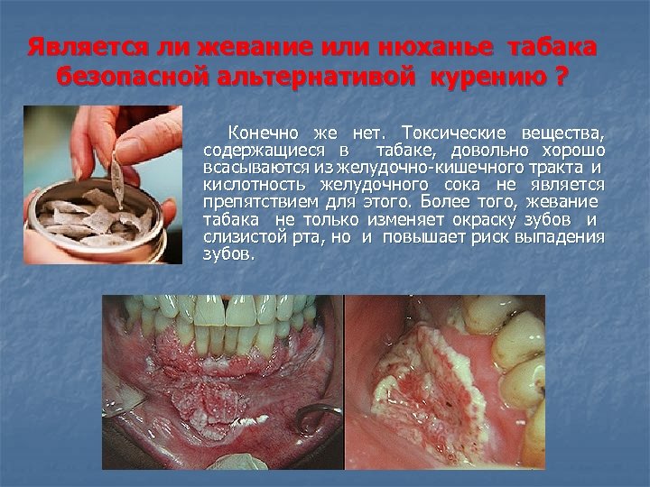 Является ли жевание или нюханье табака безопасной альтернативой курению ? Конечно же нет. Токсические