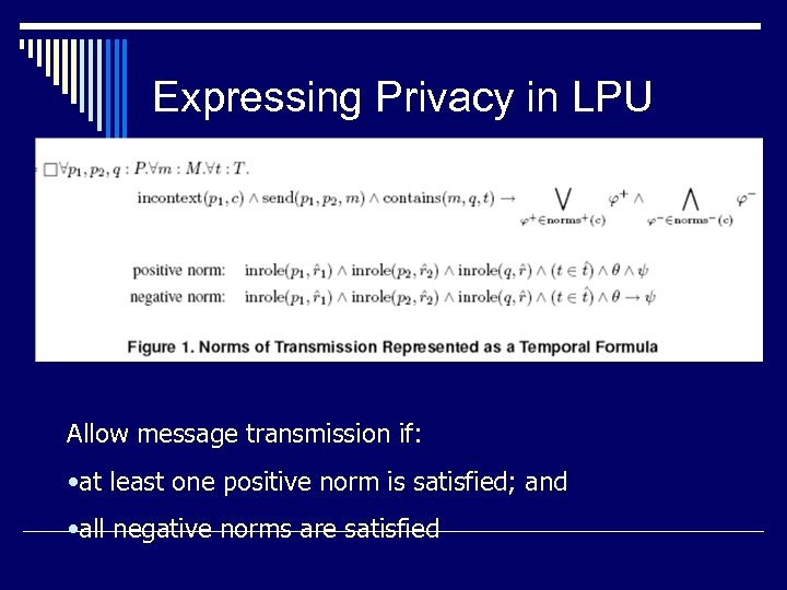 Expressing Privacy in LPU Allow message transmission if: • at least one positive norm