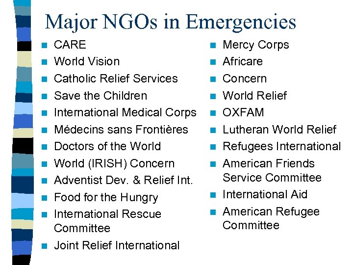 Major NGOs in Emergencies n n n CARE World Vision Catholic Relief Services Save