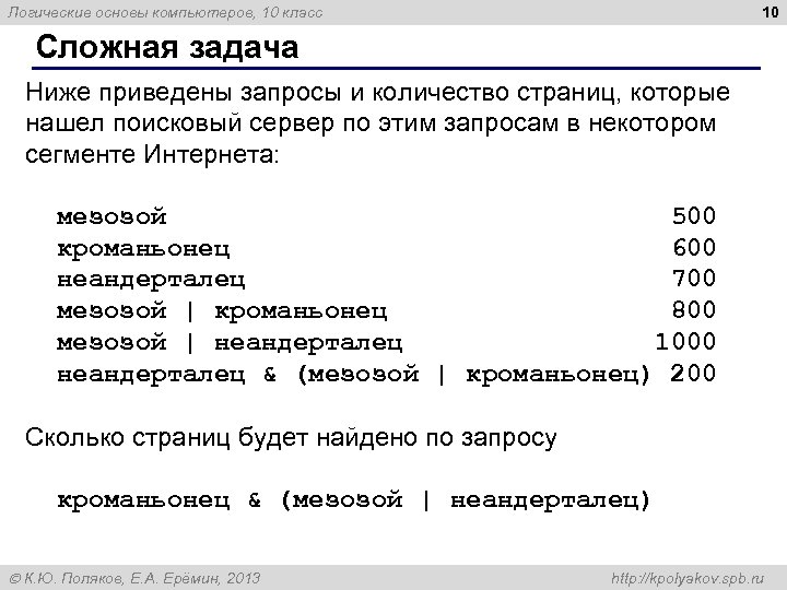 10 Логические основы компьютеров, 10 класс Сложная задача Ниже приведены запросы и количество страниц,