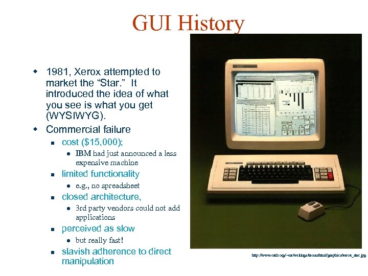 GUI History w 1981, Xerox attempted to market the “Star. ” It introduced the