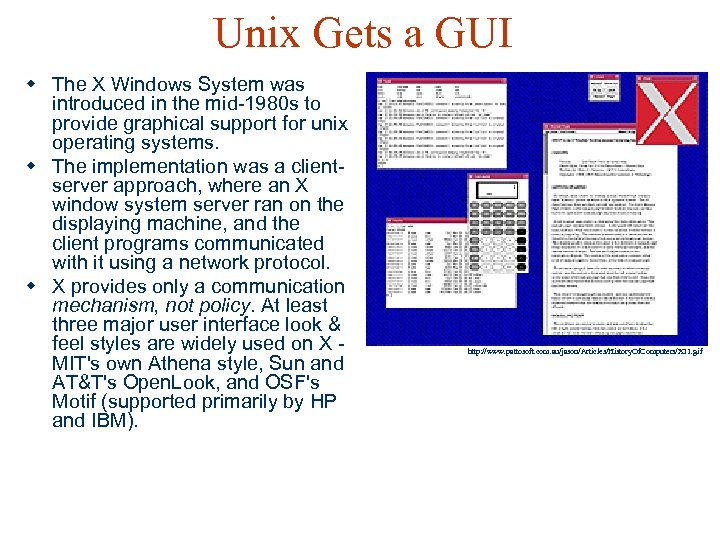 Unix Gets a GUI w The X Windows System was introduced in the mid-1980