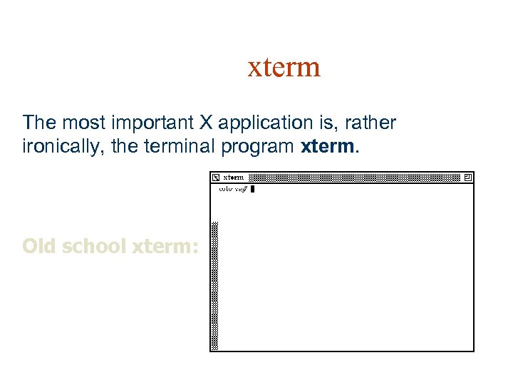 xterm The most important X application is, rather ironically, the terminal program xterm. Old