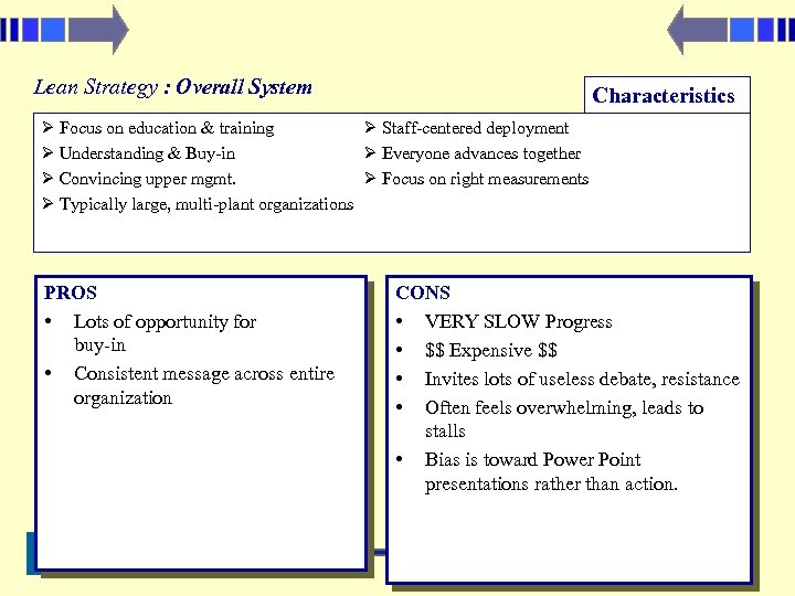 Lean Strategy : Overall System Characteristics Focus on education & training Staff-centered deployment Understanding