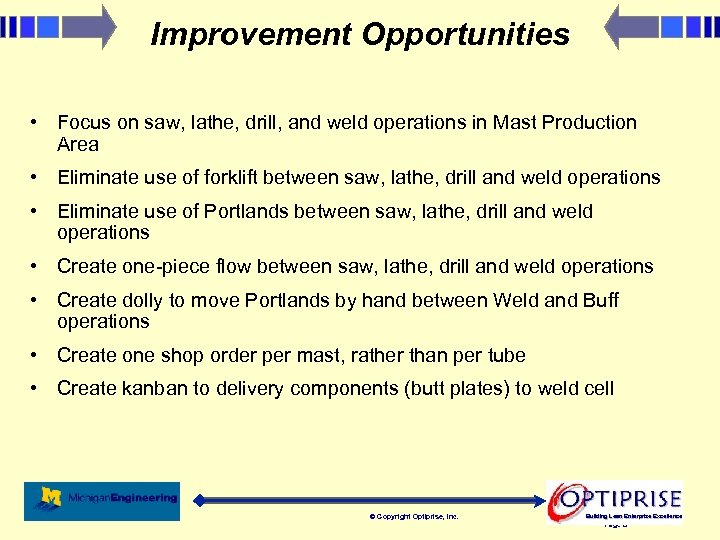 Improvement Opportunities • Focus on saw, lathe, drill, and weld operations in Mast Production
