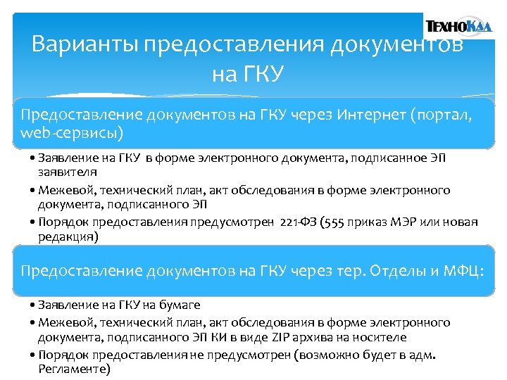 Варианты предоставления документов на ГКУ Предоставление документов на ГКУ через Интернет (портал, web-сервисы) •