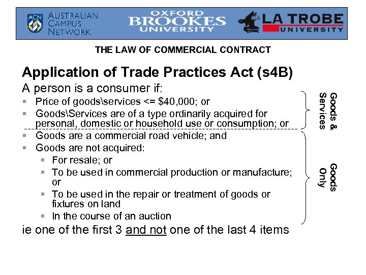 THE LAW OF COMMERCIAL CONTRACT Application of Trade Practices Act (s 4 B) ie