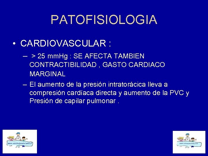 PATOFISIOLOGIA • CARDIOVASCULAR : – > 25 mm. Hg : SE AFECTA TAMBIEN CONTRACTIBILIDAD