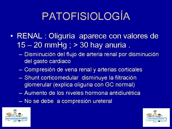 PATOFISIOLOGÍA • RENAL : Oliguria aparece con valores de 15 – 20 mm. Hg