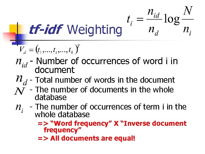 tf-idf Weighting - Number of occurrences of word i in document - Total number