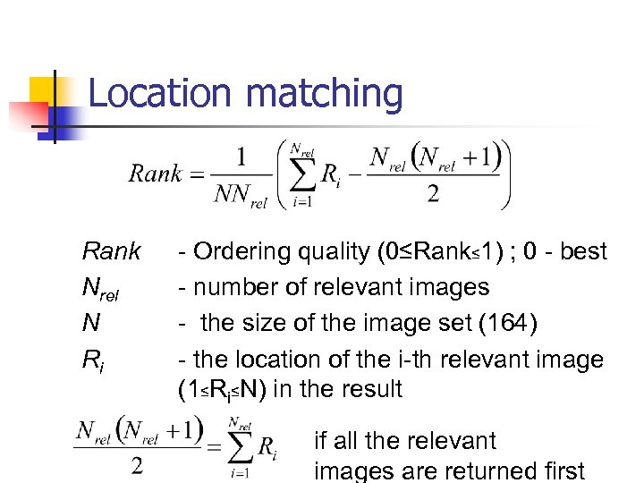 Location matching Rank Nrel N Ri - Ordering quality (0≤Rank≤ 1) ; 0 -